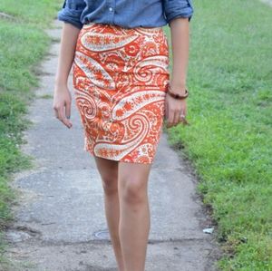 NWOT Jcrew Paisley Print Stretch Pencil Skirt | Red Orange womans size 4